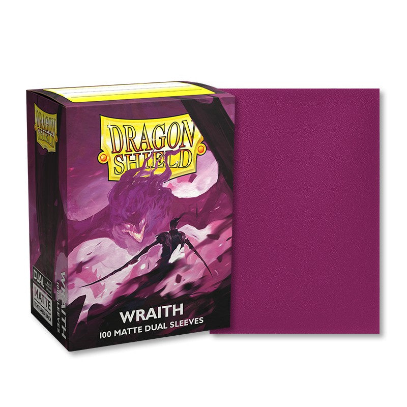 Dragon Shield Dual Sleeves 100ct Box - Matte Wraithe - Matte purple card sleeves next to Dragon Shield Dual Sleeves 100ct Wraithe box with purple dragon art.