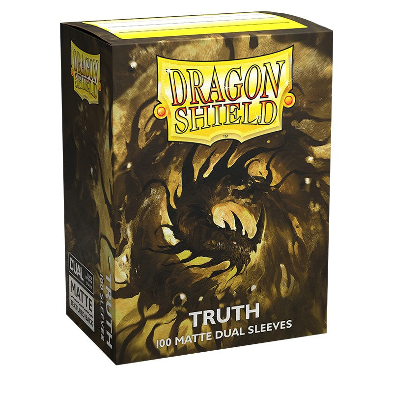 Dragon Shield Dual Sleeves 100ct Box - Matte Truth - Black and gold box with dragon design containing 100 matte dual card sleeves labeled "Dragon Shield Truth".