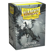 Dragon Shield Dual Sleeves 100ct Box - Matte Justice - Matte gray card sleeve box featuring a black dragon illustration with yellow Dragon Shield logo and "Justice" text.