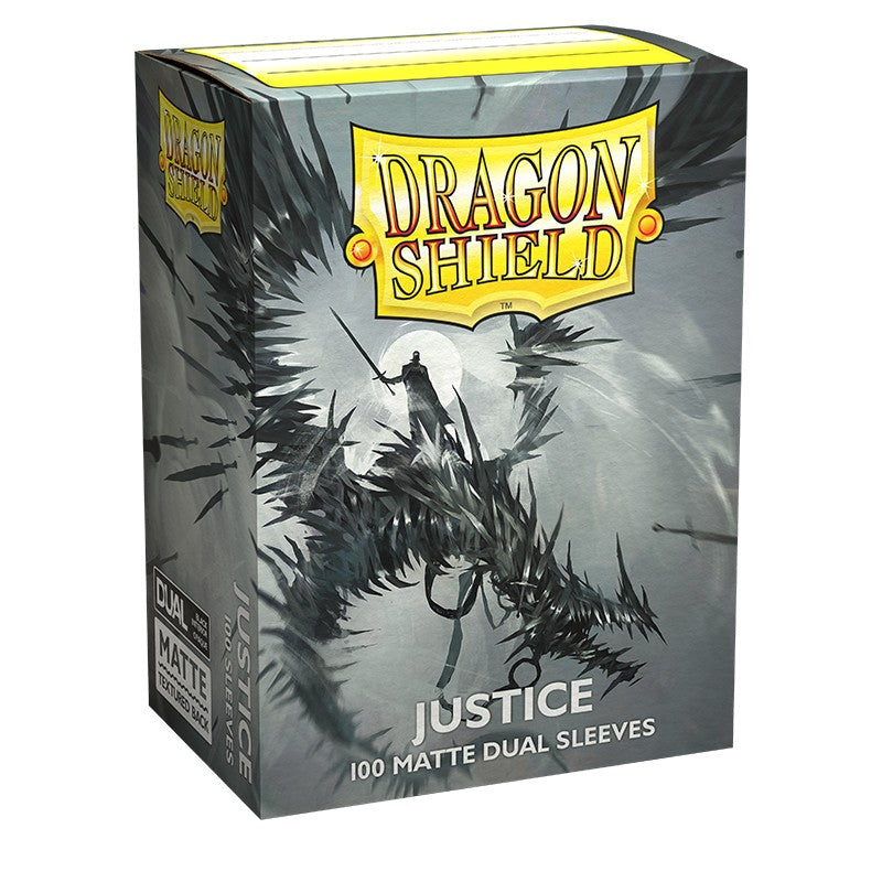 Dragon Shield Dual Sleeves 100ct Box - Matte Justice - Matte gray card sleeve box featuring a black dragon illustration with yellow Dragon Shield logo and "Justice" text.