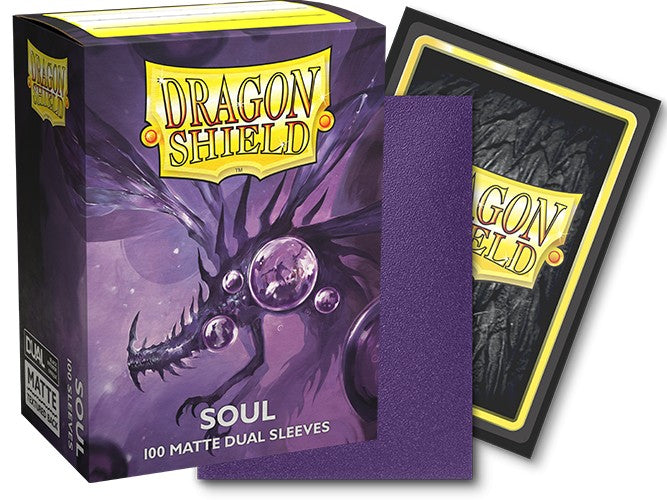 Dragon Shield Dual Sleeves 100ct Box - Matte Dual Soul - Box of 100 matte purple card sleeves with dragon artwork and yellow-bordered black backing cards.