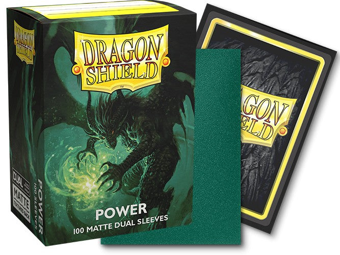 Dragon Shield 100ct Box - Dual Matte Power - Box of Dragon Shield 100 matte green card sleeves with a dragon illustration and black-backed sleeved card nearby.