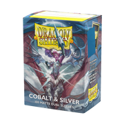 Dragon Shield Dual Sleeves 100ct Box - Cobalt and Silver - Box of 100 Dragon Shield dual card sleeves in cobalt blue and silver with dragon artwork on packaging.