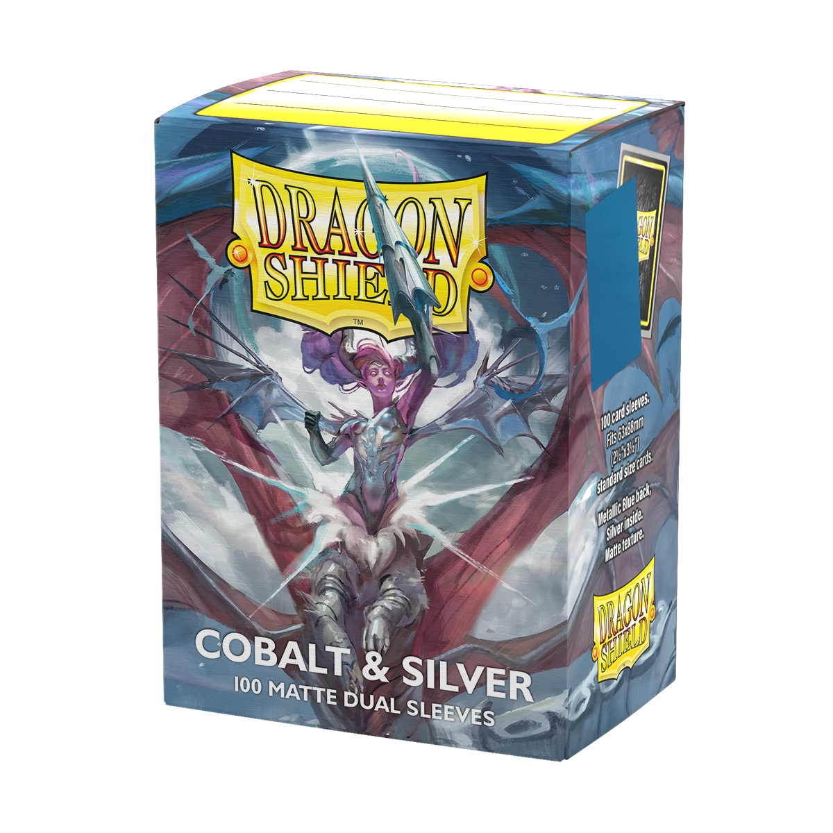 Dragon Shield Dual Sleeves 100ct Box - Cobalt and Silver - Box of 100 Dragon Shield dual card sleeves in cobalt blue and silver with dragon artwork on packaging.
