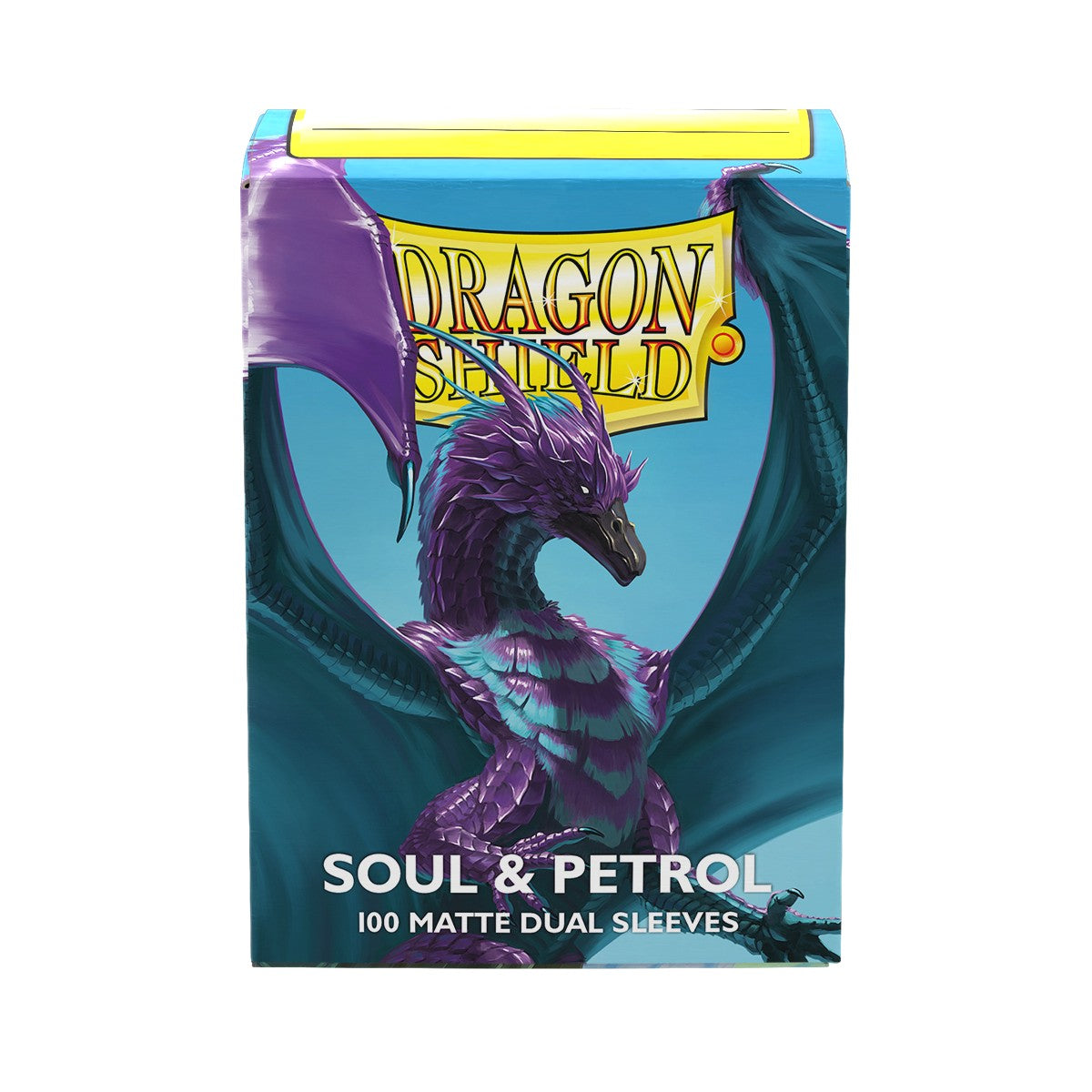Dragon Shield Standard DUAL Matte Sleeves: Matte Soul & Petrol (PREORDER) - Box of Dragon Shield Standard Dual Matte Card Sleeves featuring a purple and teal dragon on a blue background.
