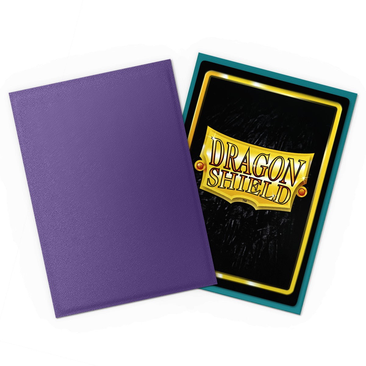 Dragon Shield Standard DUAL Matte Sleeves: Matte Soul & Petrol (PREORDER) - Set of two Dragon Shield Standard card sleeves, one solid matte purple and one matte black with gold and teal Dragon Shield.