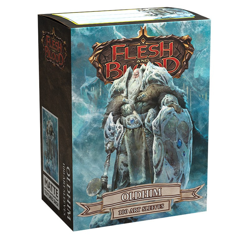 Dragon Shield Sleeves - 100ct Box Matte Art - Flesh and Blood Oldhim - Matte card sleeves box featuring armored warrior artwork from Flesh and Blood Oldhim set.