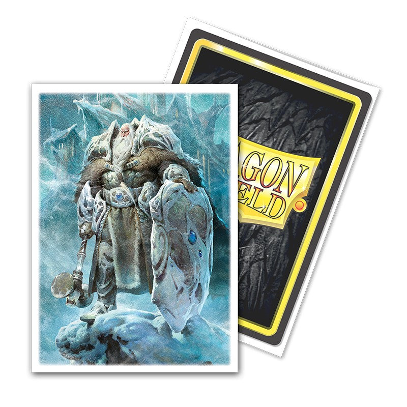Dragon Shield Sleeves - 100ct Box Matte Art - Flesh and Blood Oldhim - Matte card sleeves featuring a detailed illustration of a frost-covered warrior holding an icy shield, with a white border.