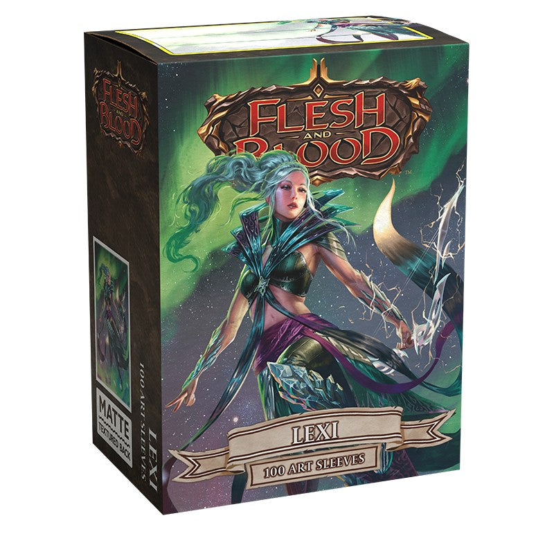 Dragon Shield Sleeves - 100ct Box Matte Art - Flesh and Blood Lexi - Box of 100 matte card sleeves featuring fantasy artwork of a female warrior with green hair and purple armor, labeled Flesh.