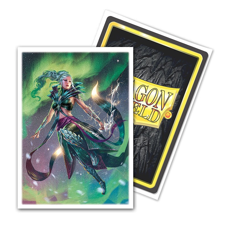 Dragon Shield Sleeves - 100ct Box Matte Art - Flesh and Blood Lexi - Matte card sleeves featuring a green-haired female warrior in armor with magical effects, backed by a black and gold Dragon.