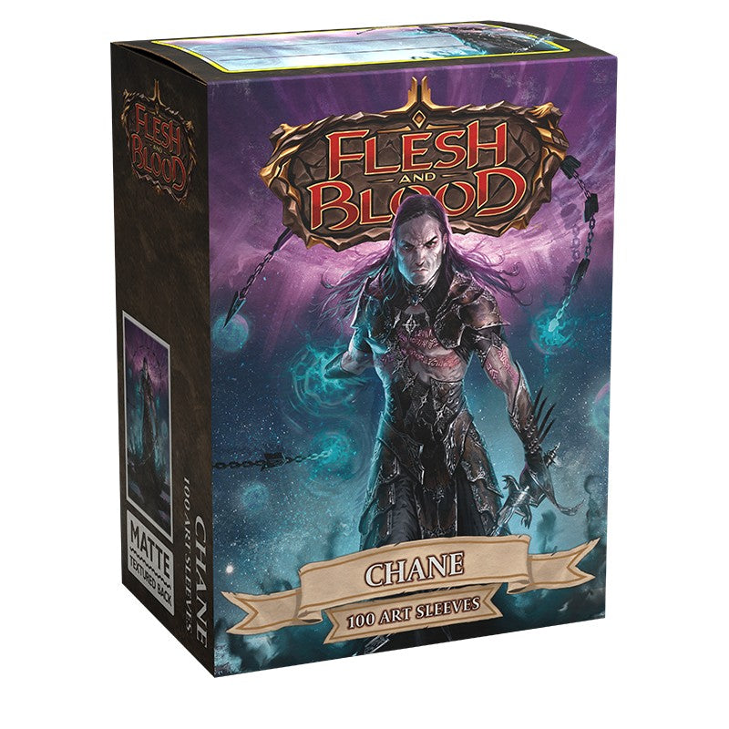 Dragon Shield Sleeves - 100ct Box Matte Art - Flesh and Blood Chane - Matte card sleeves box featuring dark fantasy character Chane from Flesh and Blood with purple and blue mystical background.