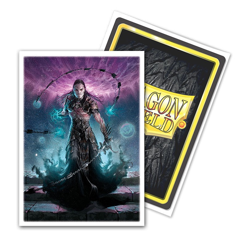 Dragon Shield Sleeves - 100ct Box Matte Art - Flesh and Blood Chane - Matte card sleeves featuring a dark fantasy character with glowing blue and purple energy, 100-pack box artwork for Flesh.