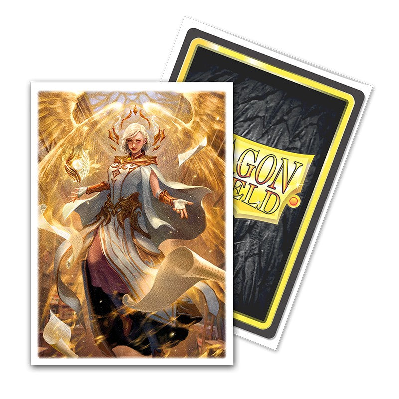 Dragon Shield Sleeves - 100ct Box Matte Art - Flesh and Blood Prism - Matte card sleeves with golden angelic figure artwork, designed for trading cards, 100-count box.