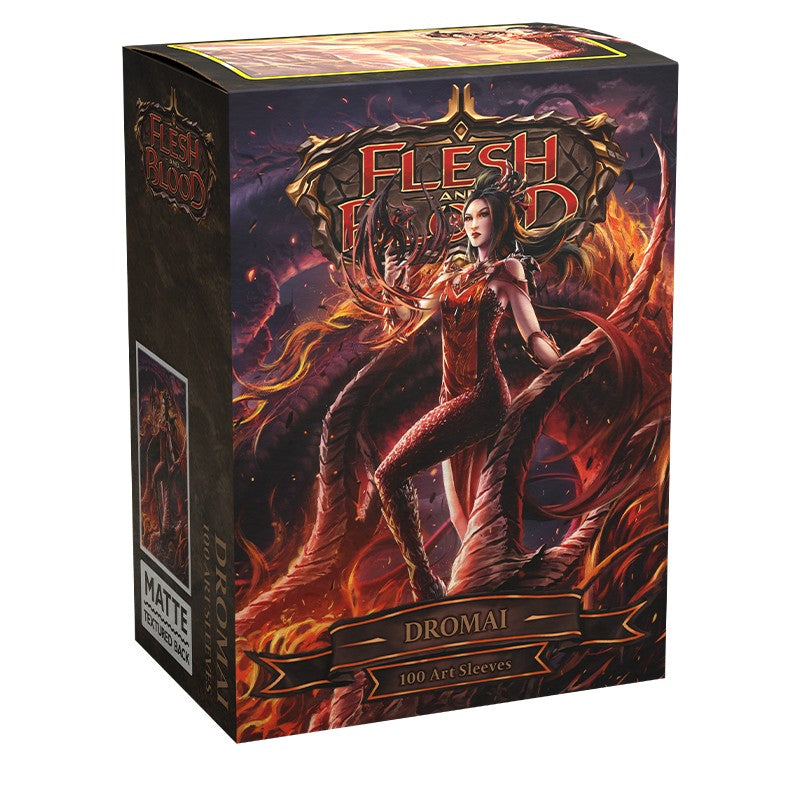Dragon Shield Sleeves - 100ct Box Matte Art - Flesh and Blood Dromai - Matte card sleeves box featuring fiery Dromai character artwork from Flesh and Blood, 100 count.