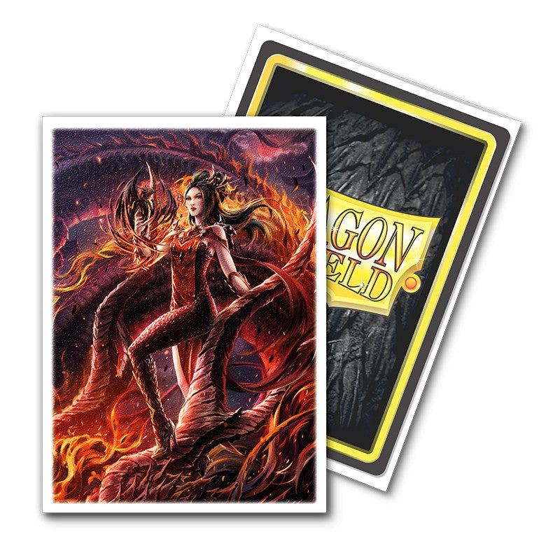 Dragon Shield Sleeves - 100ct Box Matte Art - Flesh and Blood Dromai - Matte card sleeves featuring fiery dragon and armored female warrior artwork, standard size, 100-pack box.