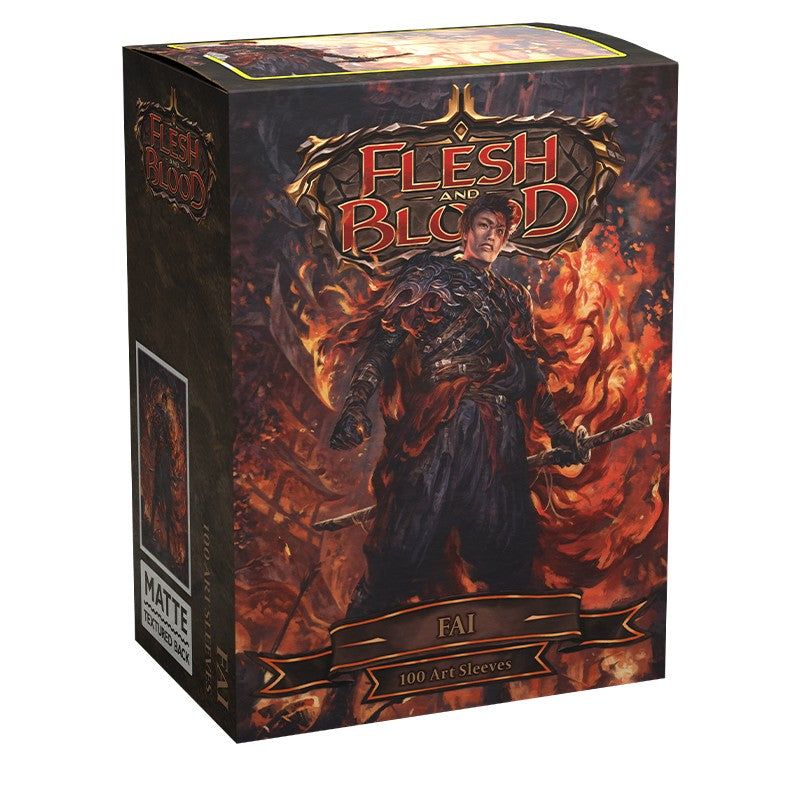 Dragon Shield Sleeves - 100ct Box Matte Art - Flesh and Blood Fai - Box of Dragon Shield card sleeves featuring dark fiery artwork of a warrior with red and orange flames, matte finish.