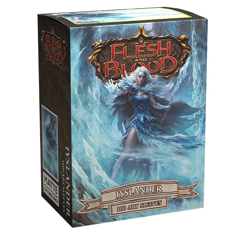 Dragon Shield Sleeves - 100ct Box Matte Art - Flesh and Blood Iyslander - Matte card sleeves box with icy blue fantasy artwork of a white-haired warrior woman, Flesh and Blood branding.