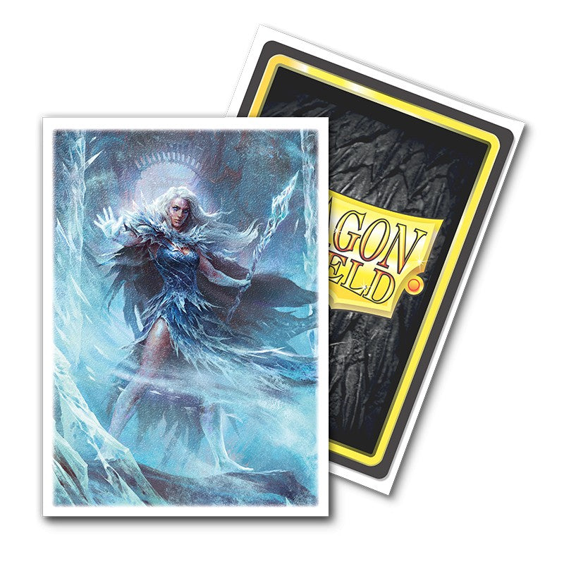 Dragon Shield Sleeves - 100ct Box Matte Art - Flesh and Blood Iyslander - Matte card sleeves featuring a frosty, ethereal female warrior with icy blue tones and intricate armor, overlayed on a black