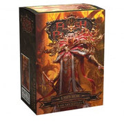 Dragon Shield Sleeves - 100ct Box Matte Art - Flesh and Blood The Emperor of Volcor - Box of Dragon Shield matte card sleeves featuring fiery fantasy artwork of a robed emperor with flames and dark red, orange,