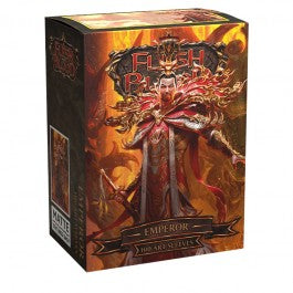 Dragon Shield Sleeves - 100ct Box Matte Art - Flesh and Blood The Emperor of Volcor - Box of Dragon Shield matte card sleeves featuring fiery fantasy artwork of a robed emperor with flames and dark red, orange,