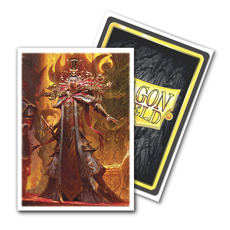 Dragon Shield Sleeves - 100ct Box Matte Art - Flesh and Blood The Emperor of Volcor - Matte card sleeves featuring a fiery illustration of a regal figure in ornate armor holding a staff, 100-count box.