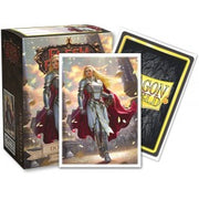 Dragon Shield Sleeves - 100ct Box Brushed Art - Flesh and Blood Dorinthea - Box of 100 card sleeves featuring a female warrior in silver armor with flowing red cape, fantasy artwork on front and black
