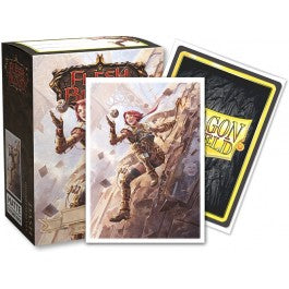 Dragon Shield Sleeves - 100ct Box Matte Art - Flesh and Blood Dash, Inventor Extraordinaire - Matte card sleeves featuring a red-haired female inventor climbing a rock, packaged in a white box with fantasy artwork and.