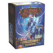 Dragon Shield Sleeves - 100ct Box Matte Art - Flesh and Blood Enigma with Promo - Box of 100 matte card sleeves featuring a fantasy-themed female character with blue and white tones, labeled Flesh and Blood