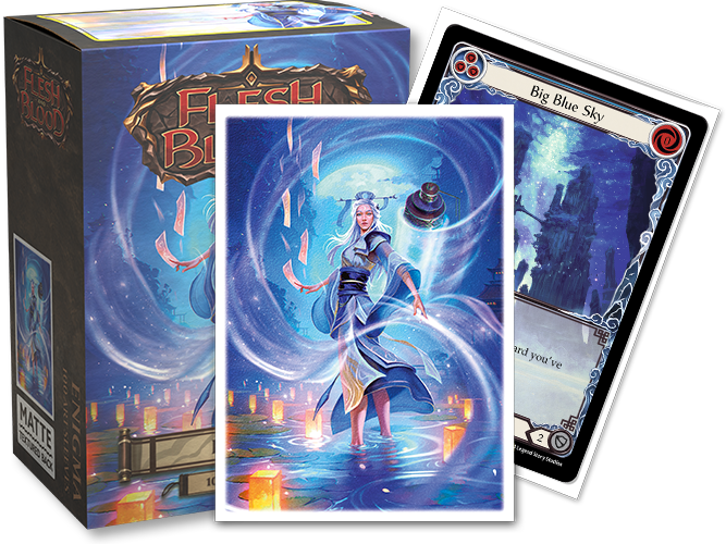 Dragon Shield Sleeves - 100ct Box Matte Art - Flesh and Blood Enigma with Promo - Box of matte card sleeves featuring a blue-themed female character with mystical energy, next to a fantasy trading card with