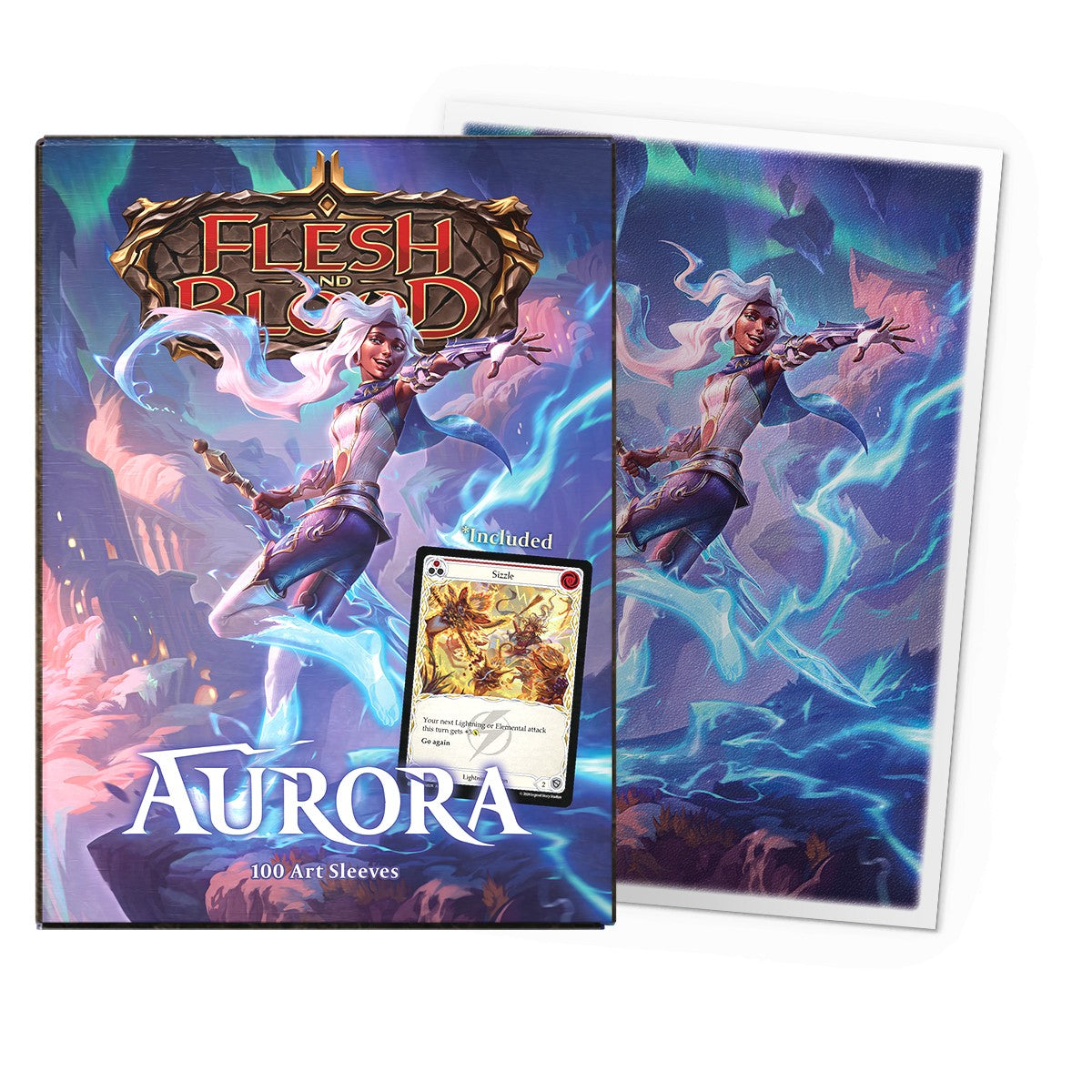 Dragon Shield Sleeves: Standard Matte Art Flesh and Blood - Aurora with Promo 100CT - Standard matte card sleeves featuring Aurora character artwork in vibrant blues and purples, designed for Flesh and Blood.