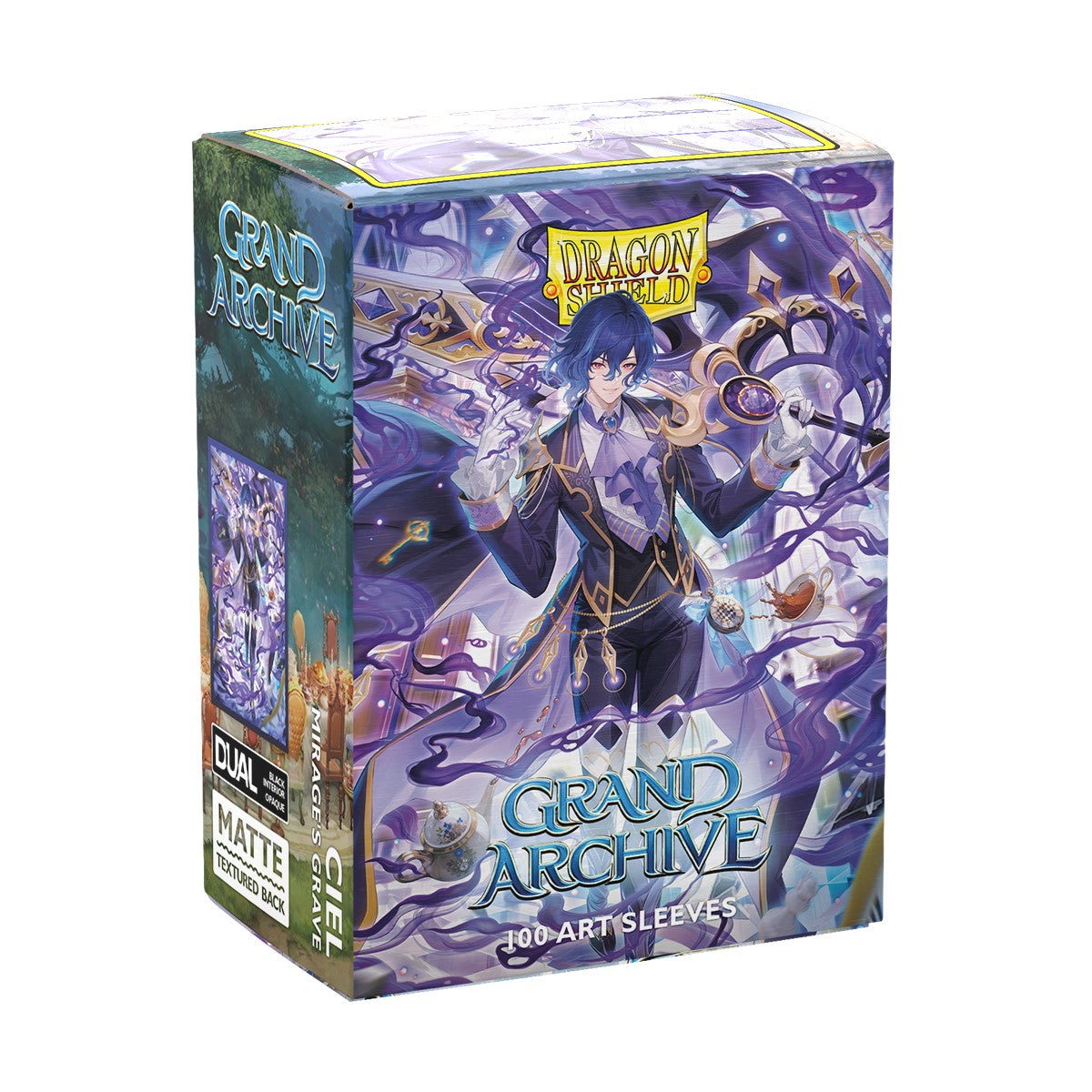 Dragon Shield Sleeves: Standard Matte Art Grand Archive - Ciel, Mirage's Grave 100CT - Rectangular box of Dragon Shield card sleeves featuring purple and blue fantasy artwork of a character with dark hair.