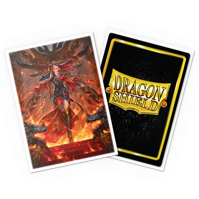Dragon Shield Sleeves - 100ct Box Matte Art - Flesh and Blood Cindra, Dracai of Retribution - Matte card sleeves with fiery fantasy artwork of a warrior in red and black armor, Dragon Shield logo on the back with black