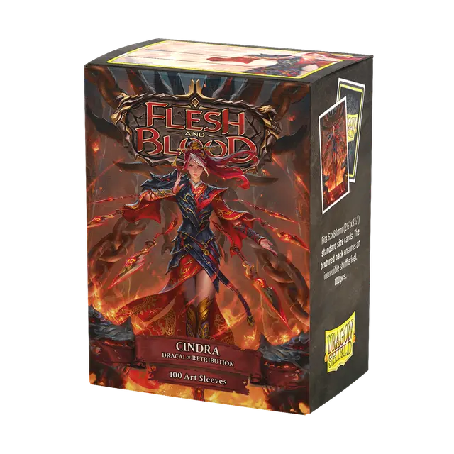 Dragon Shield Sleeves - 100ct Box Matte Art - Flesh and Blood Cindra, Dracai of Retribution - Box of 100 matte card sleeves featuring fiery red and black artwork of Cindra from Flesh and Blood.