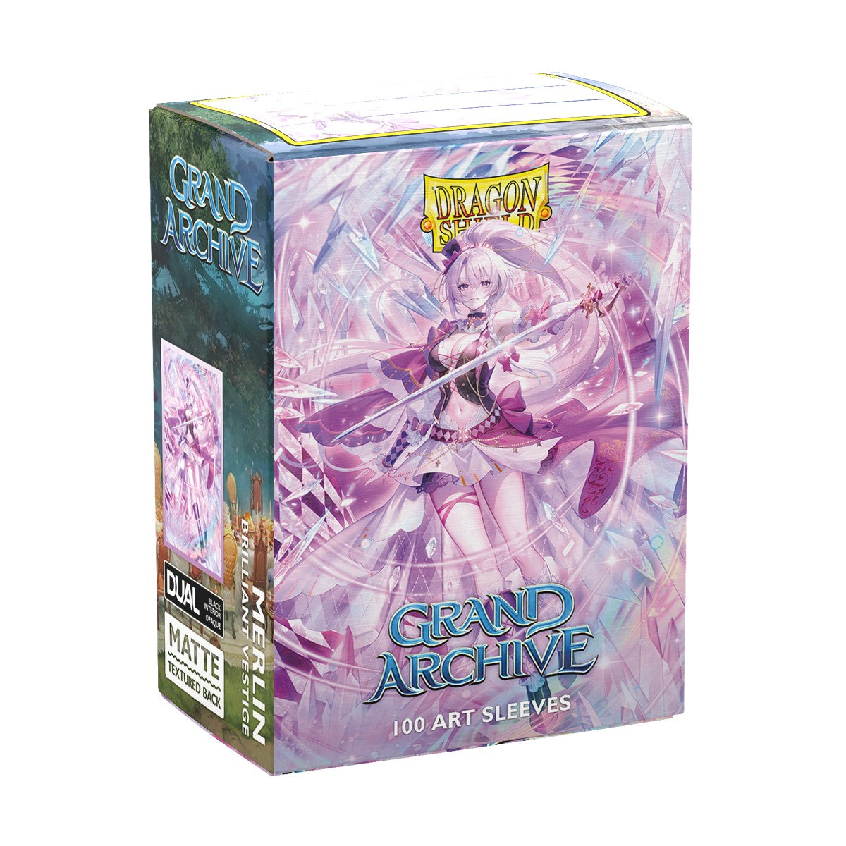 Dragon Shield Standard Matte Art Sleeves 100ct - Grand Archive - Merlin, Brilliant Vestige (PREORDER) - Purple and pink fantasy art card sleeves box featuring a female mage with a staff, labeled Grand Archive, 100 count.
