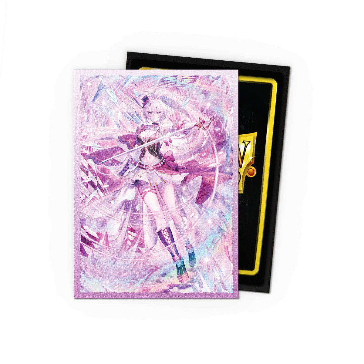 Dragon Shield Standard Matte Art Sleeves 100ct - Grand Archive - Merlin, Brilliant Vestige (PREORDER) - Standard-sized card sleeves featuring a matte finish with purple and pink hues and a detailed fantasy woman warrior artwork.
