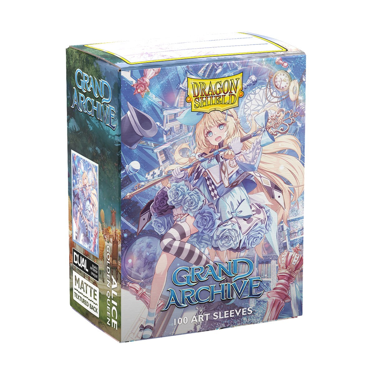 Dragon Shield Standard Matte Art Sleeves 100ct - Grand Archive - Alice, Golden Queen (PREORDER) - Box of Dragon Shield Standard Matte Art Sleeves with colorful fantasy artwork of a blonde queen in detailed armor and.
