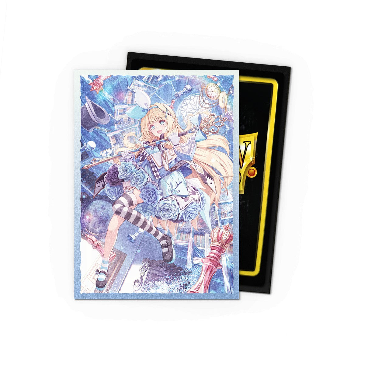 Dragon Shield Standard Matte Art Sleeves 100ct - Grand Archive - Alice, Golden Queen (PREORDER) - Matte card sleeves featuring fantasy artwork of a blonde female character in blue and white dress, striped stockings, and.