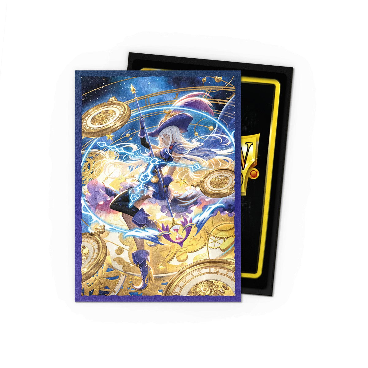 Dragon Shield Standard Matte Art Sleeves 100ct - Grand Archive - Chronowarp (PREORDER) - Matte card sleeves featuring colorful fantasy artwork with a female mage and golden clock gears, violet border.