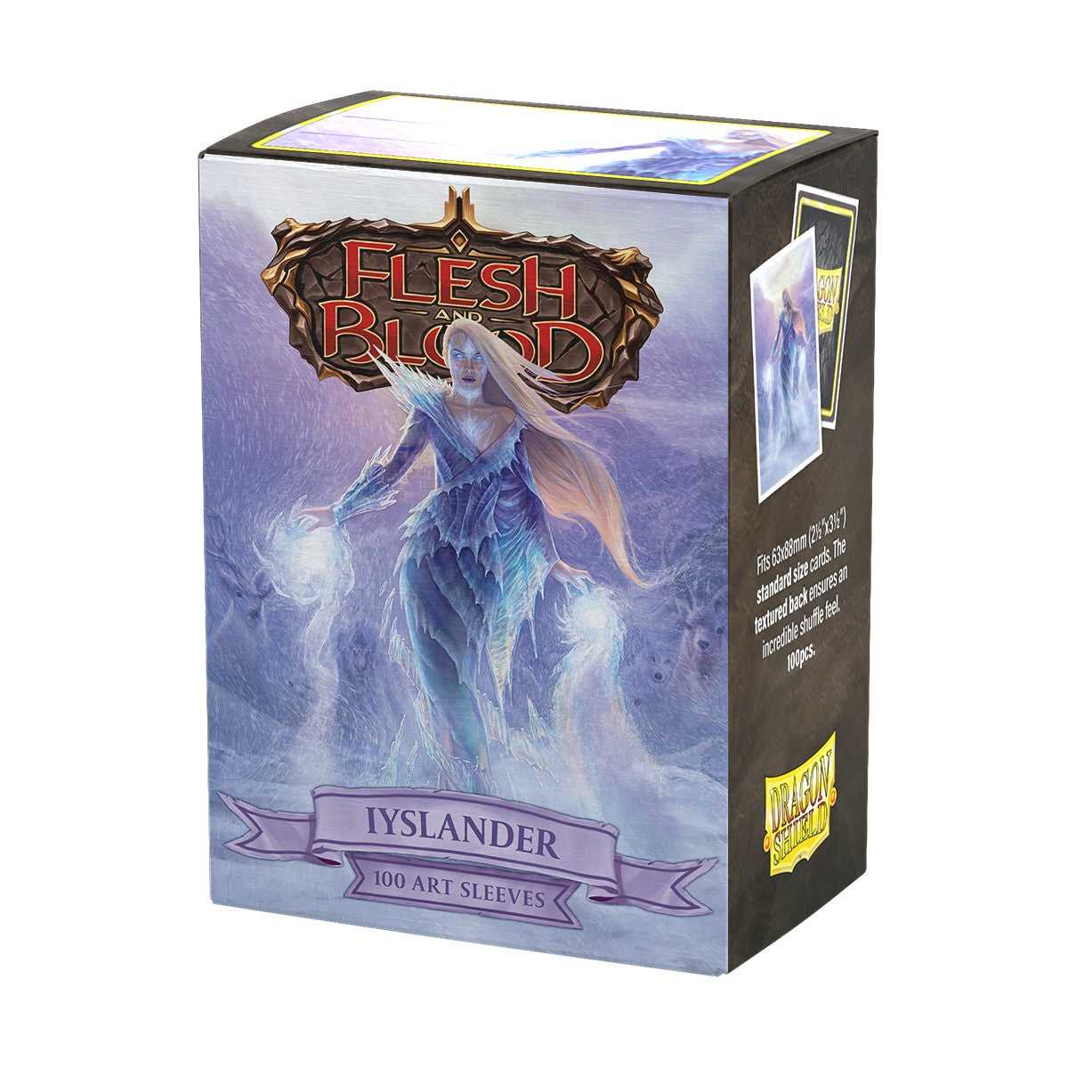 Dragon Shield Standard Matte Art Sleeves: Flesh and Blood - Iyslander - Matte card sleeves box featuring a mystical female figure in flowing blue robes wielding lightning, with "Flesh and Blood".