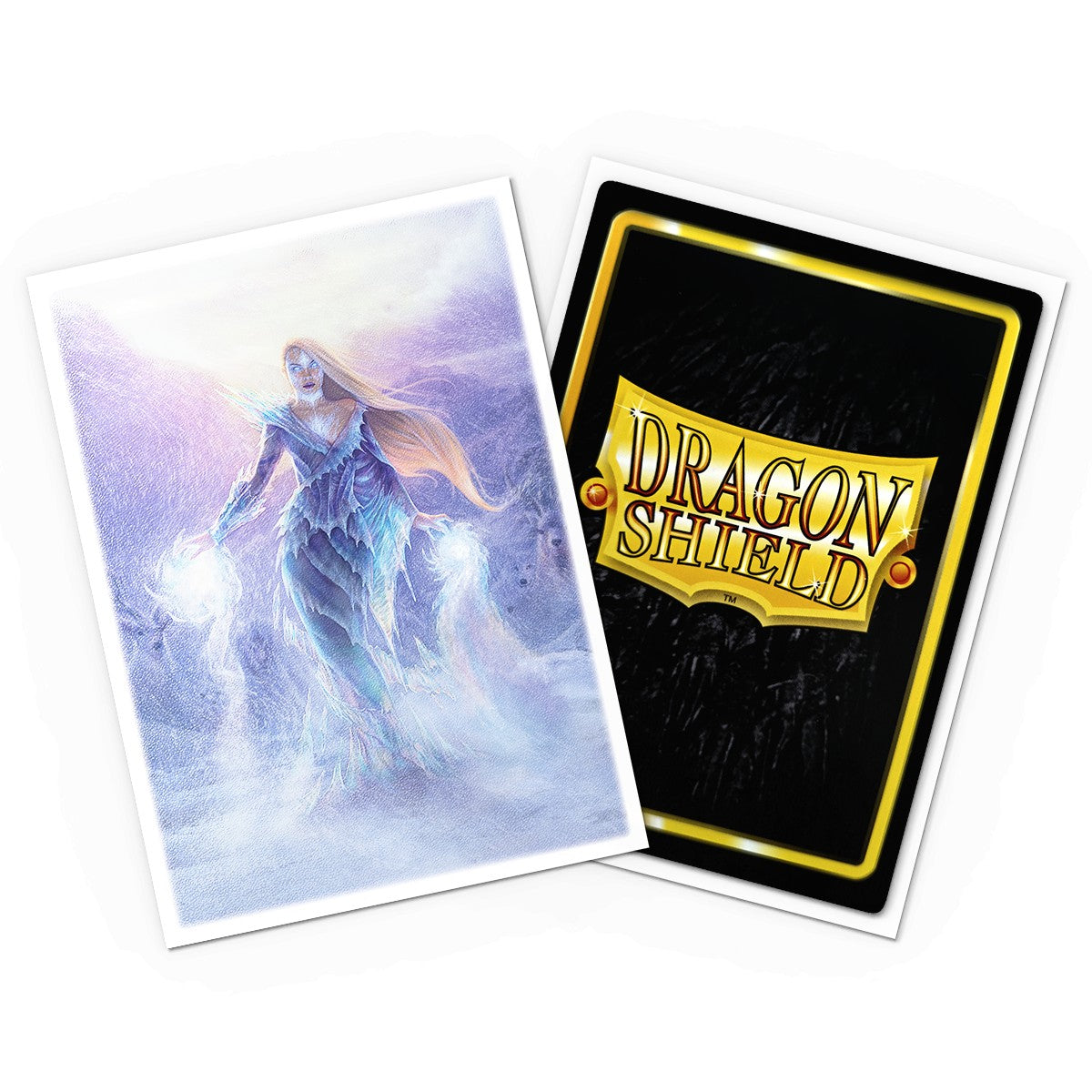 Dragon Shield Standard Matte Art Sleeves: Flesh and Blood - Iyslander - Matte card sleeves with a luminous fantasy warrior in ethereal blue and white tones and a black back featuring the yellow.