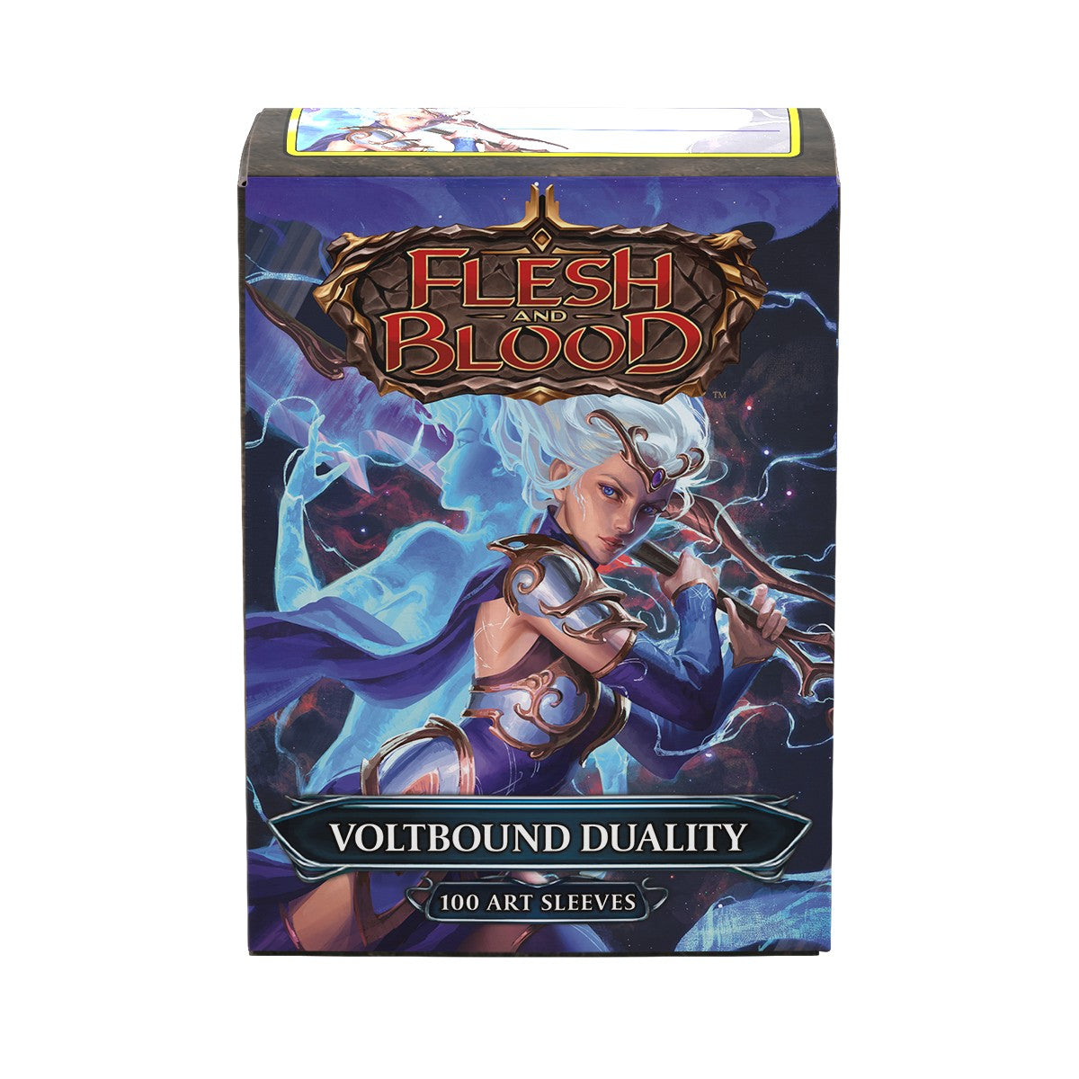 Dragon Shield Standard Matte Art Sleeves: Flesh and Blood - Voltbound Duality (PREORDER) - Dragon Shield matte card sleeves box featuring blue and purple lightning-themed artwork with a warrior woman on front, Flesh