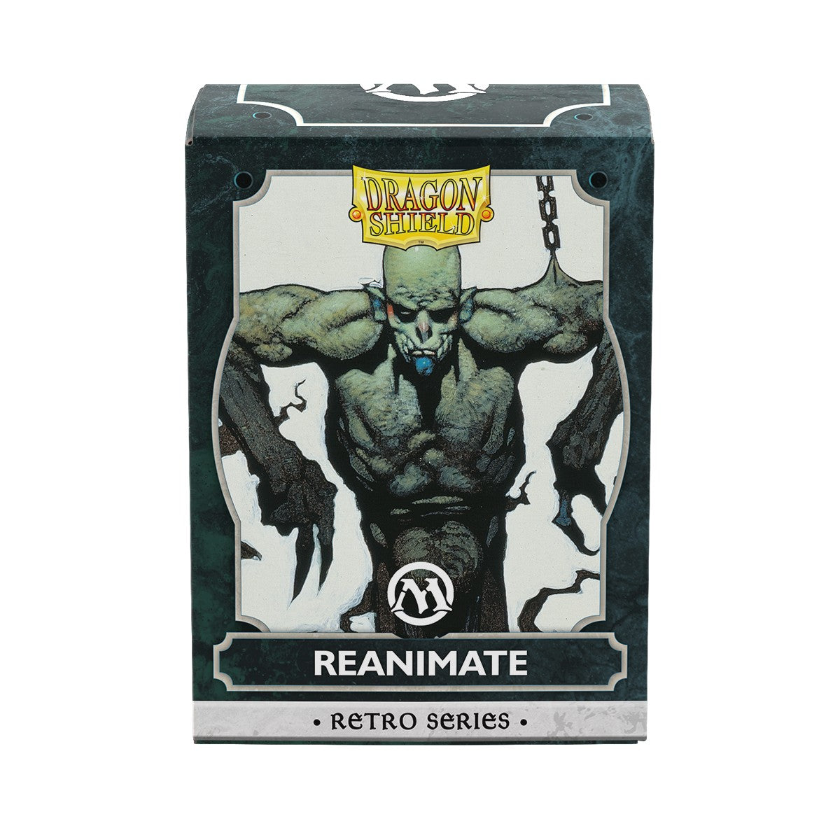 Dragon Shield Standard Brushed Art Sleeves: Magic: The Gathering Retro Series - Reanimate (PREORDER) - Dark green and black card sleeve box featuring a muscular undead creature with chains, labeled Reanimate Retro Series.