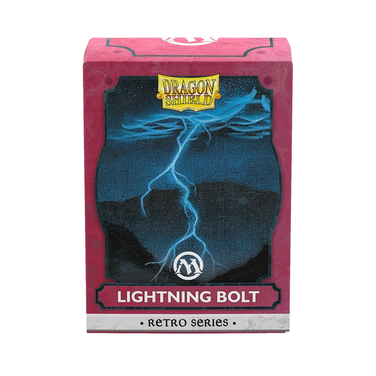 Dragon Shield Standard Brushed Art Sleeves: Magic: The Gathering Retro Series - Lightning Bolt (PREORDER) - Red and blue card sleeve box with lightning bolt artwork and Dragon Shield logo.