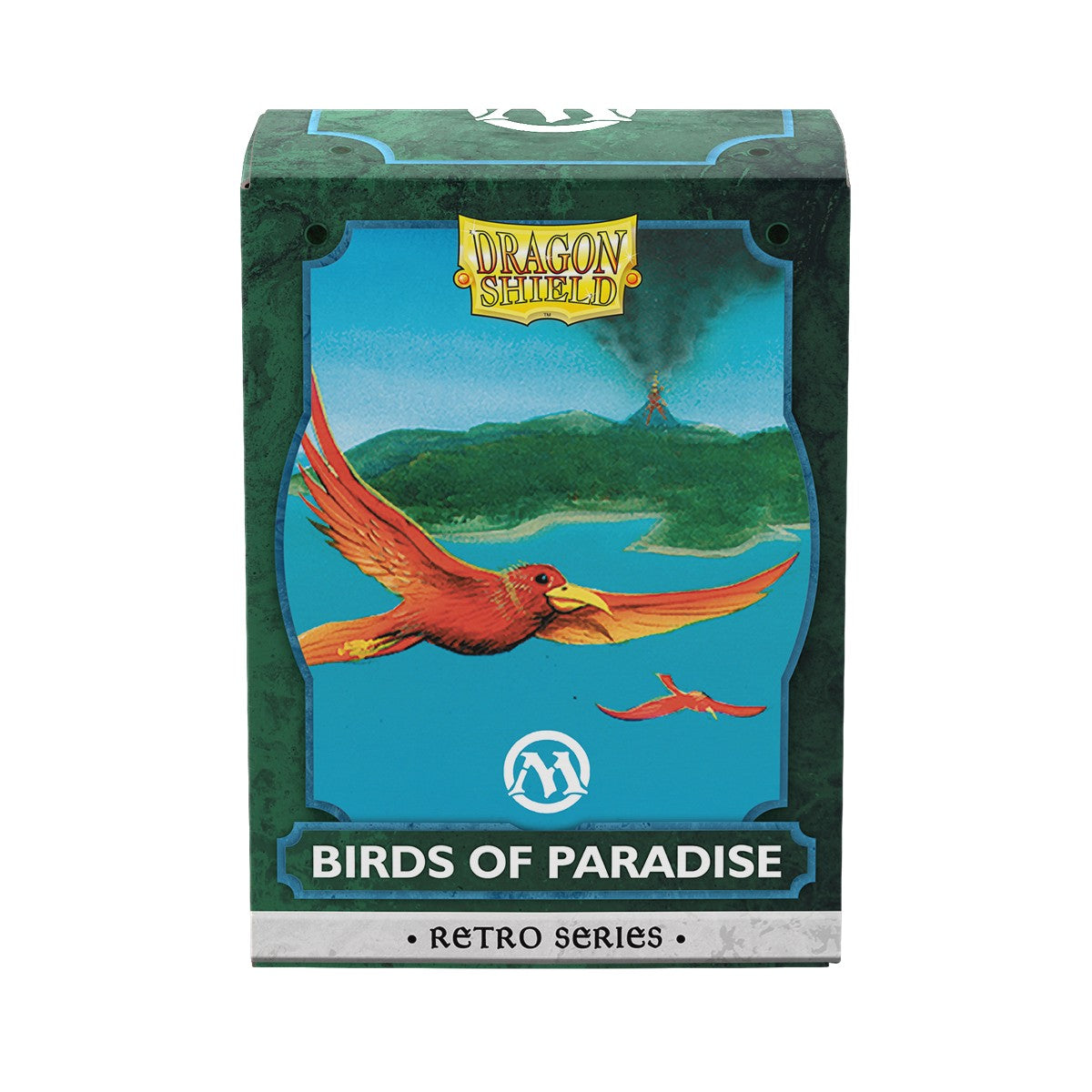 Dragon Shield Standard Brushed Art Sleeves: Magic: The Gathering Retro Series - Birds of Paradise (PREORDER) - Rectangular green brushed card sleeve box with red bird illustration and "Birds of Paradise" text.