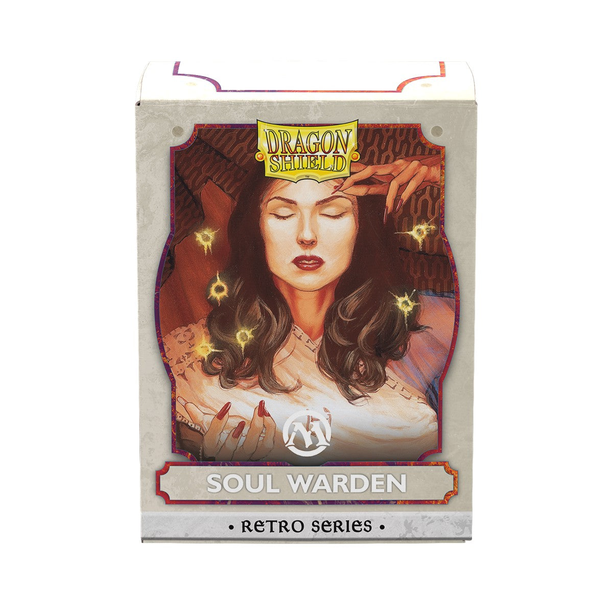Dragon Shield Standard Brushed Art Sleeves: Magic: The Gathering Retro Series - Soul Warden (PREORDER) - Card sleeves featuring a mystical woman with long dark hair, closed eyes, and glowing yellow butterflies, framed in.
