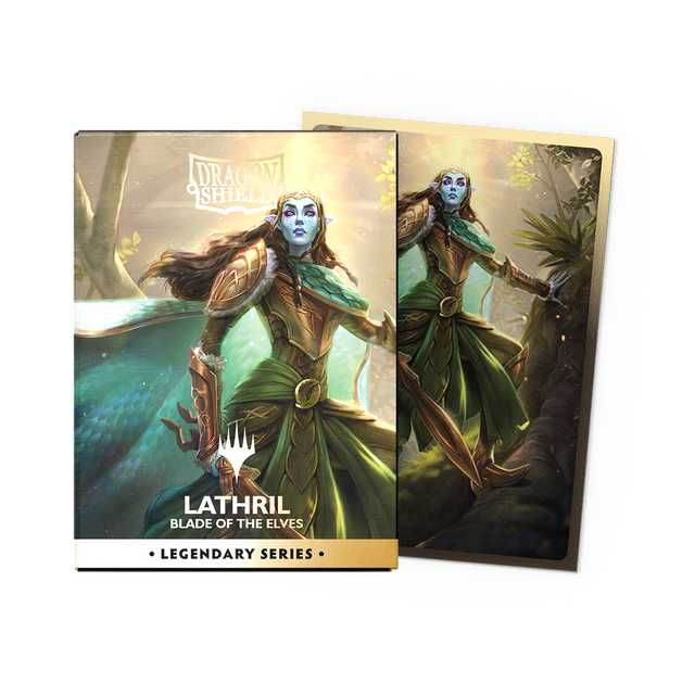 Dragon Shield Dual Sleeves 100ct Box - Legendary Series - Lathril, Blade of the Elves (PREORDER) - Dragon Shield Dual Sleeves box featuring green and blue elf warrior artwork with gold accents and fantasy forest background.