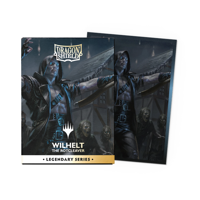 Dragon Shield Dual Sleeves 100ct Box - Legendary Series - Wilhelt, the Rotcleaver (PREORDER) - Card sleeves box with dark blue fantasy warrior art, featuring Wilhelt the Rotcleaver, 100 count deluxe protective sleeves.