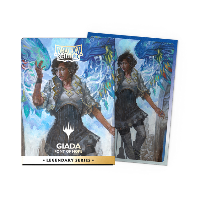 Dragon Shield Dual Sleeves 100ct Box - Legendary Series - Giada, Font of Hope (PREORDER) - Card sleeves with fantasy artwork of a woman with wings and glowing blue flames, colorful and detailed design.