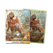 Dragon Shield Dual Sleeves 100ct Box - Legendary Series - Gishath, Sun's Avatar (PREORDER) - Card sleeves box and single sleeve featuring fiery dinosaur artwork with a volcanic background, vibrant orange and green.
