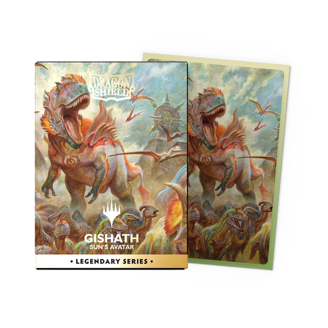 Dragon Shield Dual Sleeves 100ct Box - Legendary Series - Gishath, Sun's Avatar (PREORDER) - Card sleeves box and single sleeve featuring fiery dinosaur artwork with a volcanic background, vibrant orange and green.